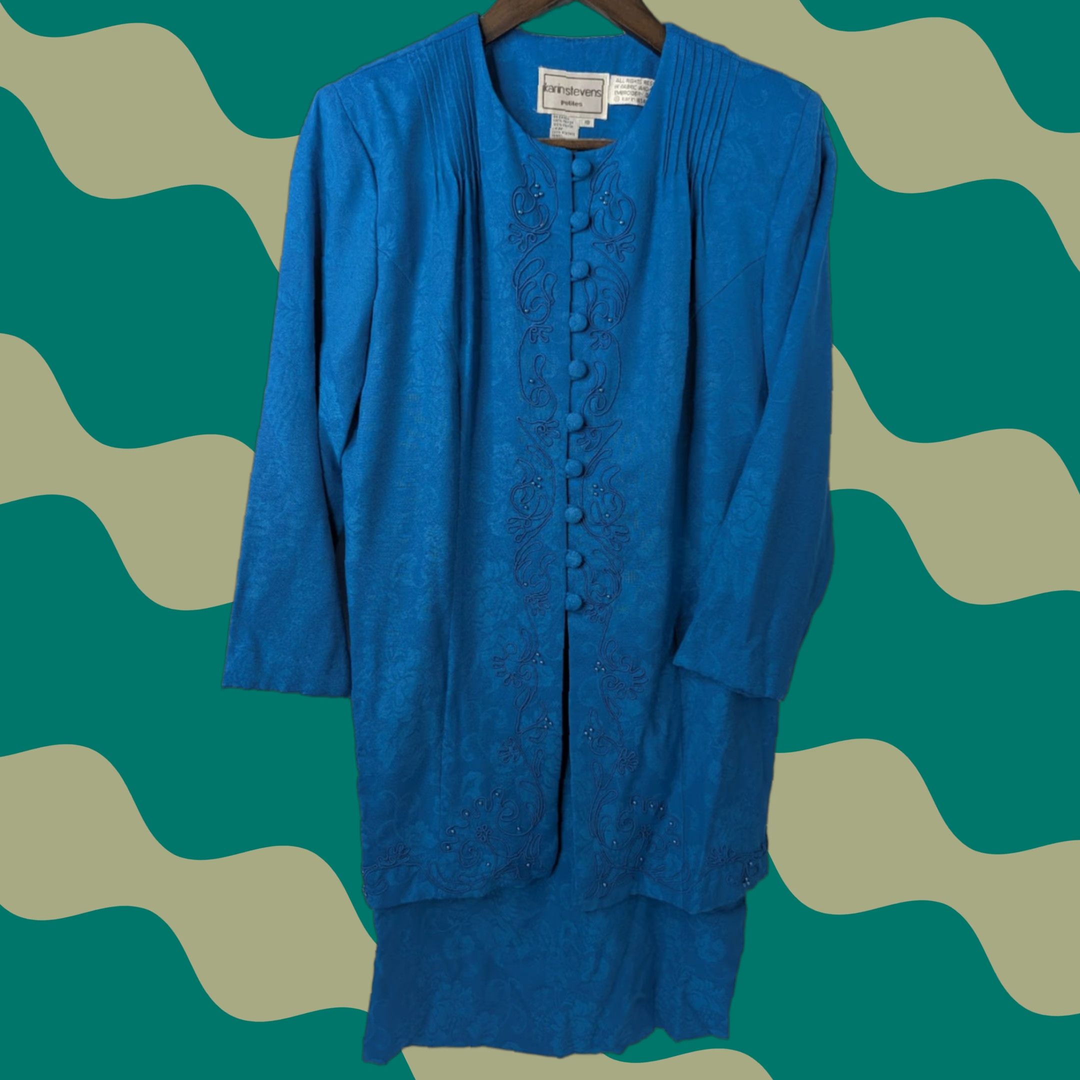 Vintage VINTAGE Karin Stevens Dress Womens 10 Midi Blue Embroidered Button Rayon Embroidered Size L / US 10 / IT 46 - 1 Thumbnail