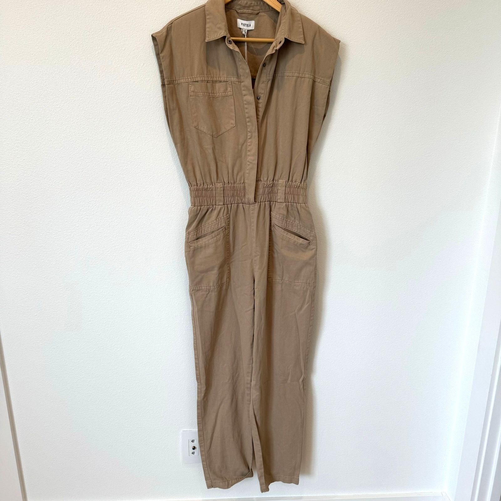 image of Pistola Denim Rosie Padded Shoulder Cotton Jumpsuit New in Beige, Women's (Size 27)