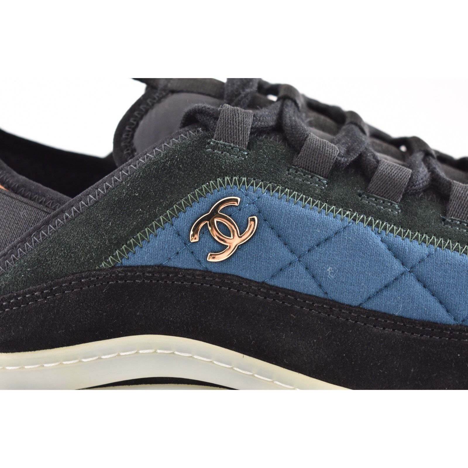 Chanel Mens Blue Green White Black CC Logo Low Top Trainer Sneaker Size US 11 / EU 44 - 4 Thumbnail