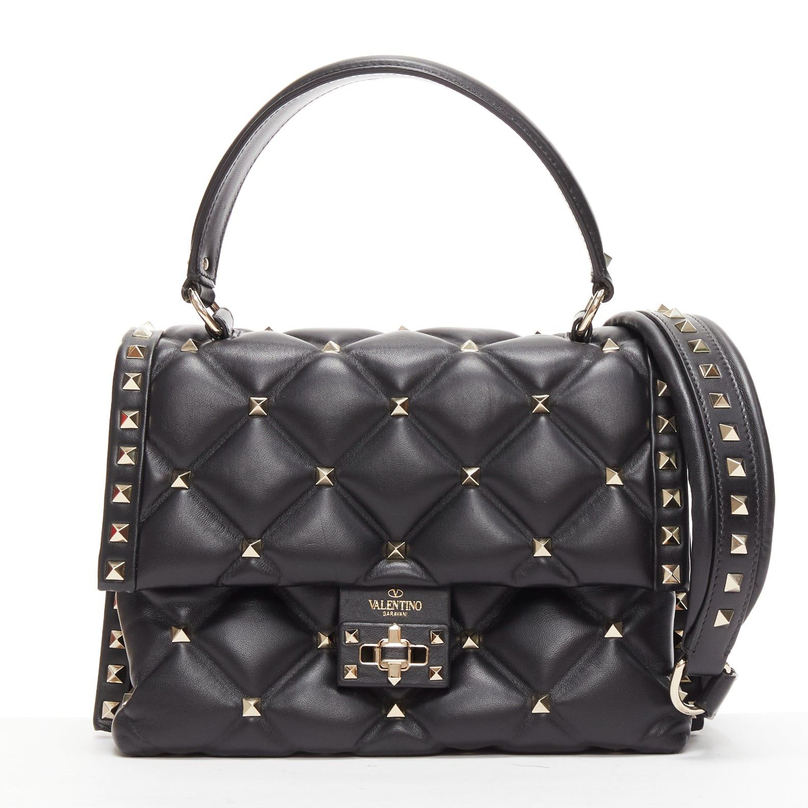 Valentino VALENTINO Candystud black nappa lambskin gold studded turnlock 2 way satchel bag Size ONE SIZE - 1 Thumbnail