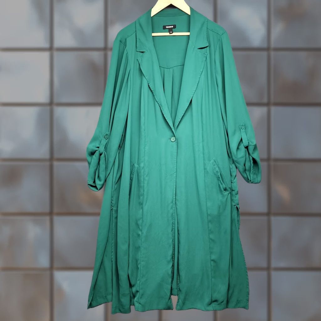 Torrid VINTAGE Torrid Top Womens 3X Green Duster Cardigan Long Line Roll Tab Sleeves NO BELT Women Cardigan Button-Up Solid Green 3X Long Sleeve Womens Size XXL / US 16-18 / IT 52-54 - 1 Thumbnail
