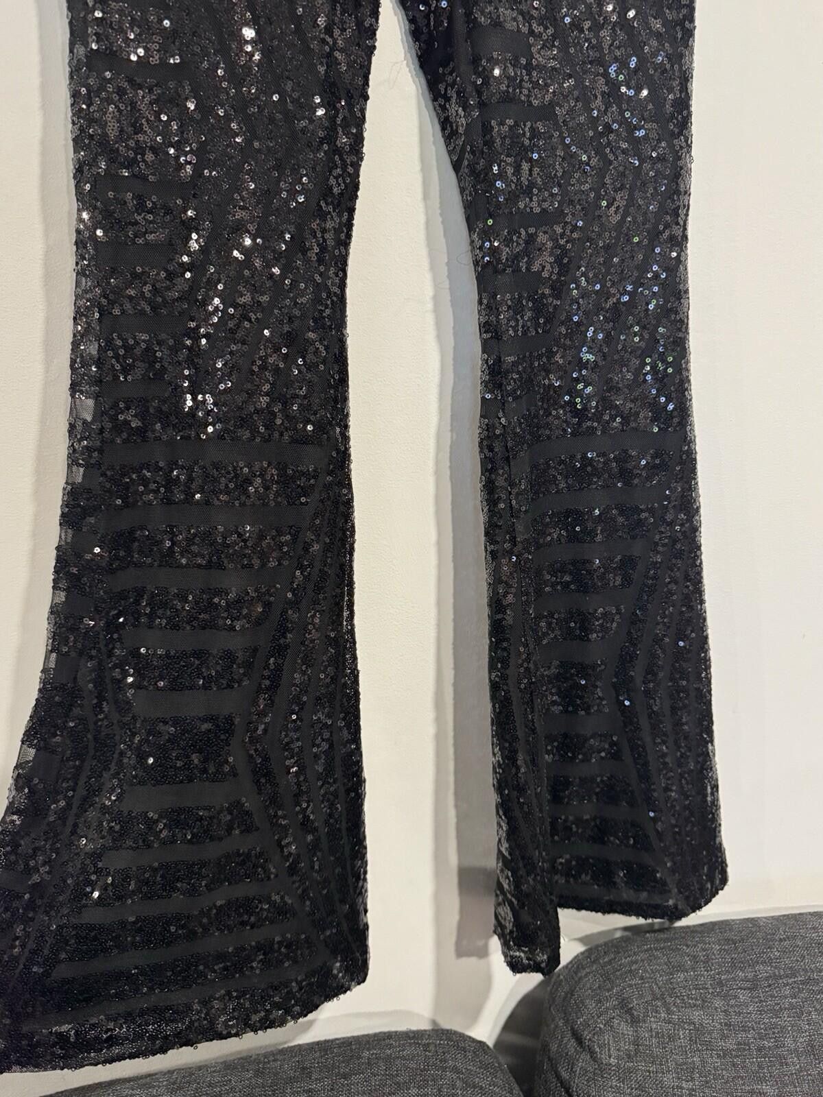 The Unbranded Brand Black Sequin Flare Pants Stretch High Rise Glam Womens Sz L Size 36" / US 14 / IT 50 - 12 Thumbnail
