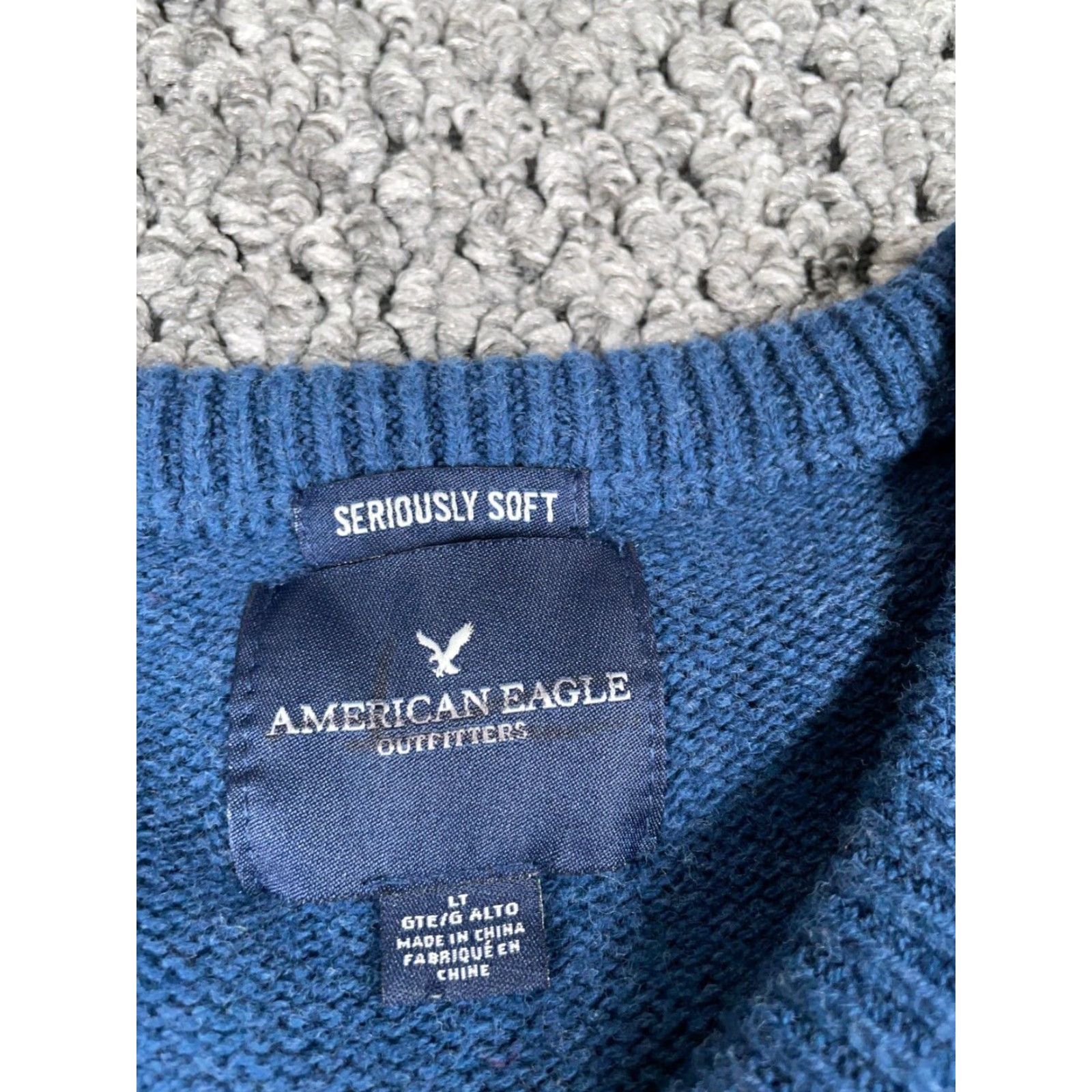 American Eagle Outfitters AMERICAN EAGLE OUTLETTERS Geometric Pattern Sweater Big & Tall LT Dark Blue Chunky Knit Pullover Mens 90s Retro Size US L / EU 52-54 / 3 - 3 Thumbnail