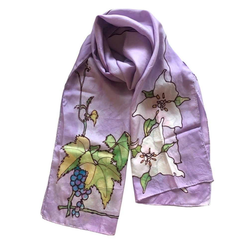 Handmade Vintage 90s Handcrafted Silk Scarf White Trillium 59x14 in Size ONE SIZE - 1 Thumbnail