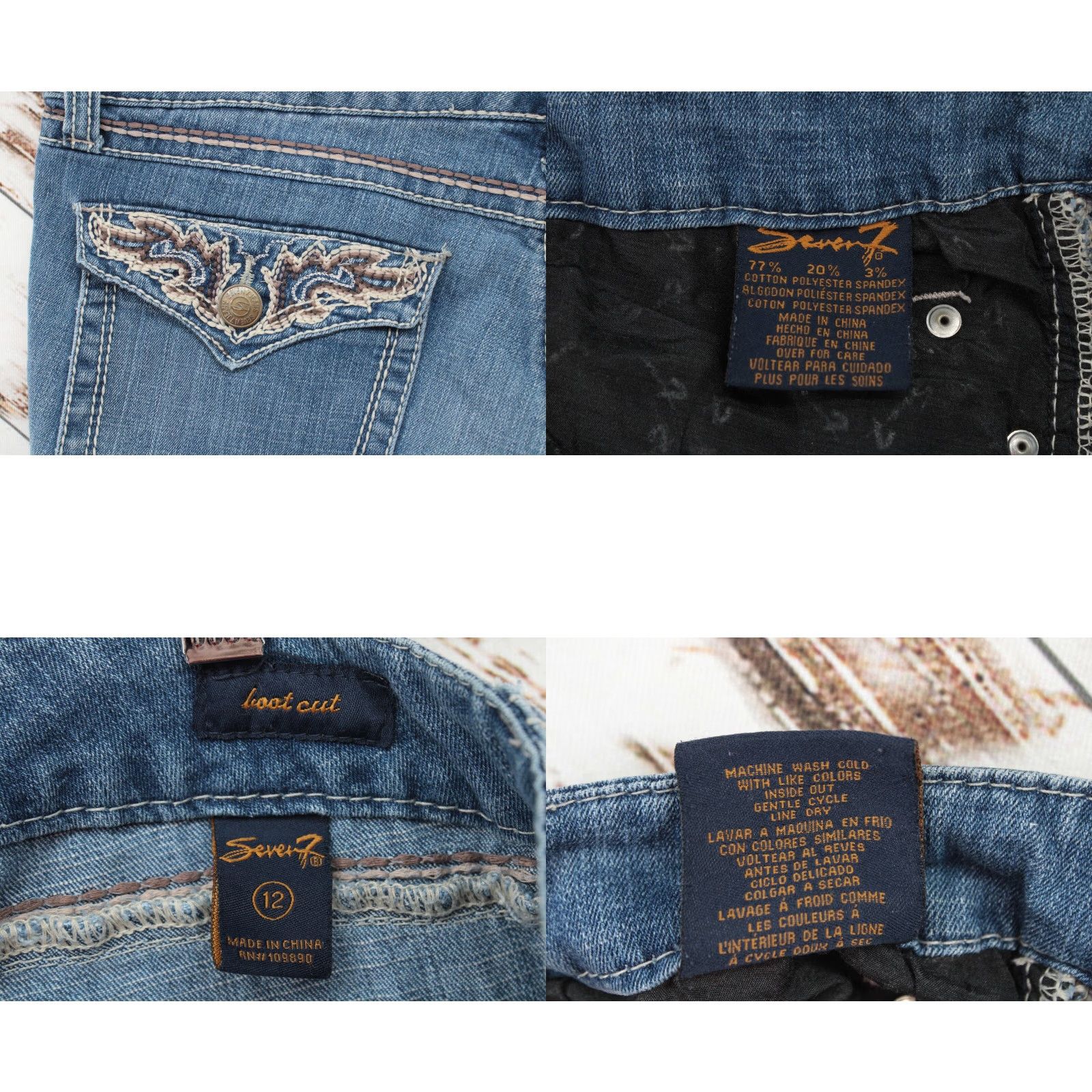 Vintage Seven 7 Jeans Women 12 Blue Denim Boot Cut Embroidered Mid-Rise Stretch Size 34" / US 12 / IT 48 - 8 Thumbnail