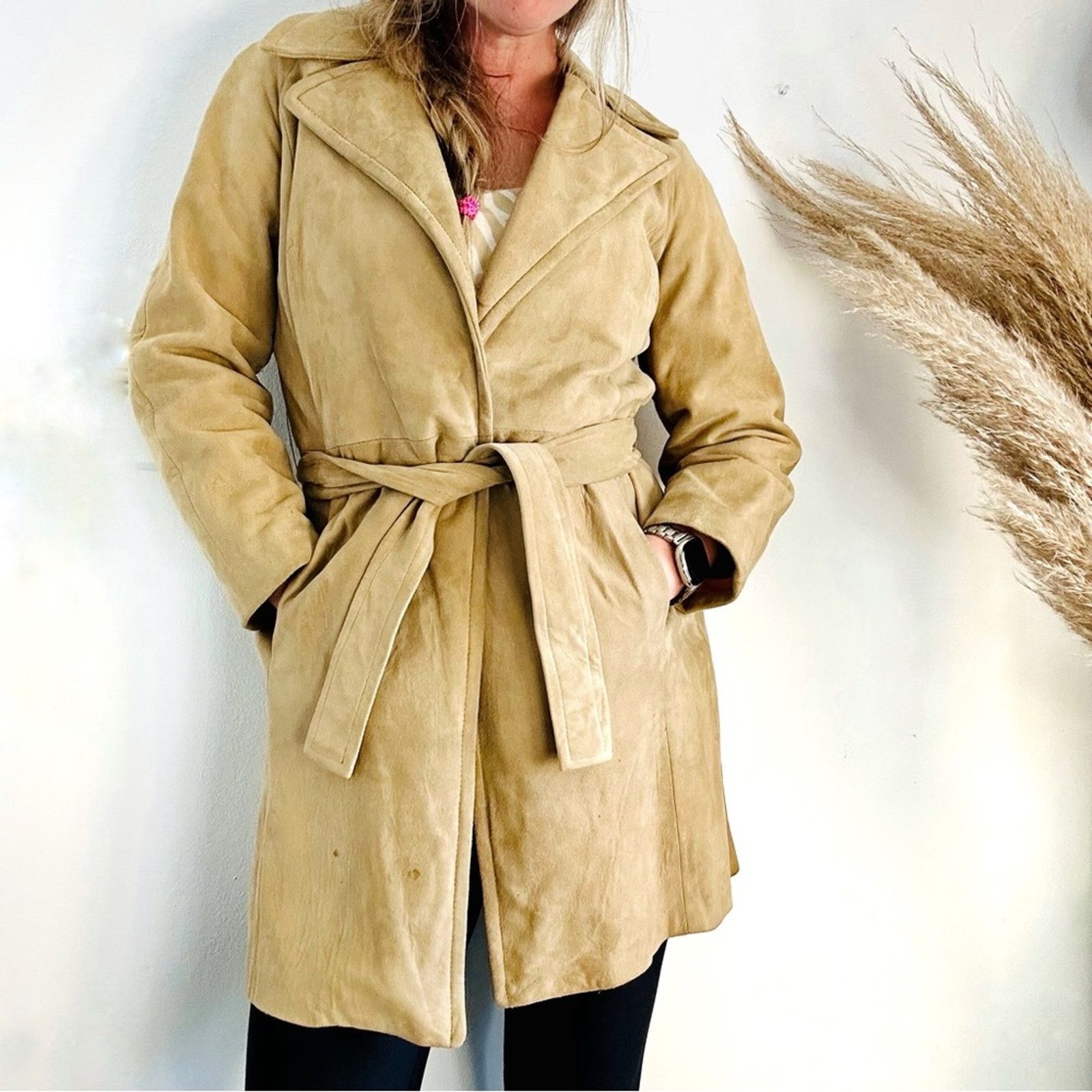 Vintage VINTAGE Beige Tan Camel Suede Leather Trench Coat Tie Jacket Size M / US 6-8 / IT 42-44 - 5 Thumbnail