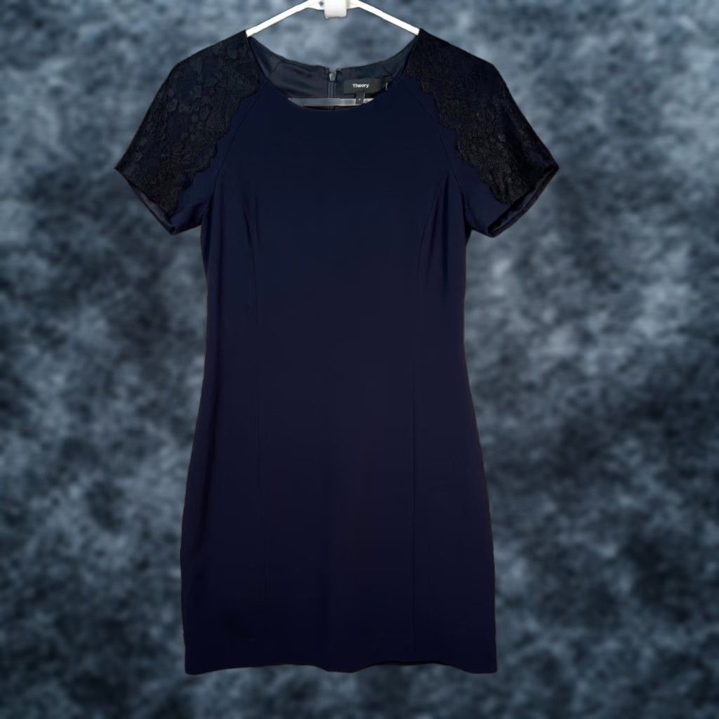 Theory Theory Navy Blue Dress With Lace Sleeves Short Sleeve Polyester Dress Size 0 Womens Pencil Shift Casual Summer Spring Fall Womens Size XS / US 0-2 / IT 36-38 - 1 Thumbnail