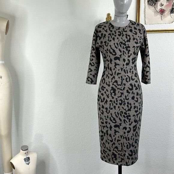 Max Mara MaxMara Dramma Leopard Jacquard Wool Dress Midi Pencil Turtl Size S / US 4 / IT 40 - 2 Thumbnail