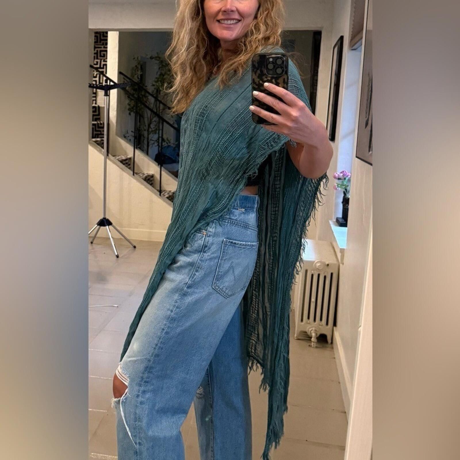 Free People Free People Teal Fringe Open Knit Poncho Cover Up OS Size ONE SIZE - 3 Thumbnail