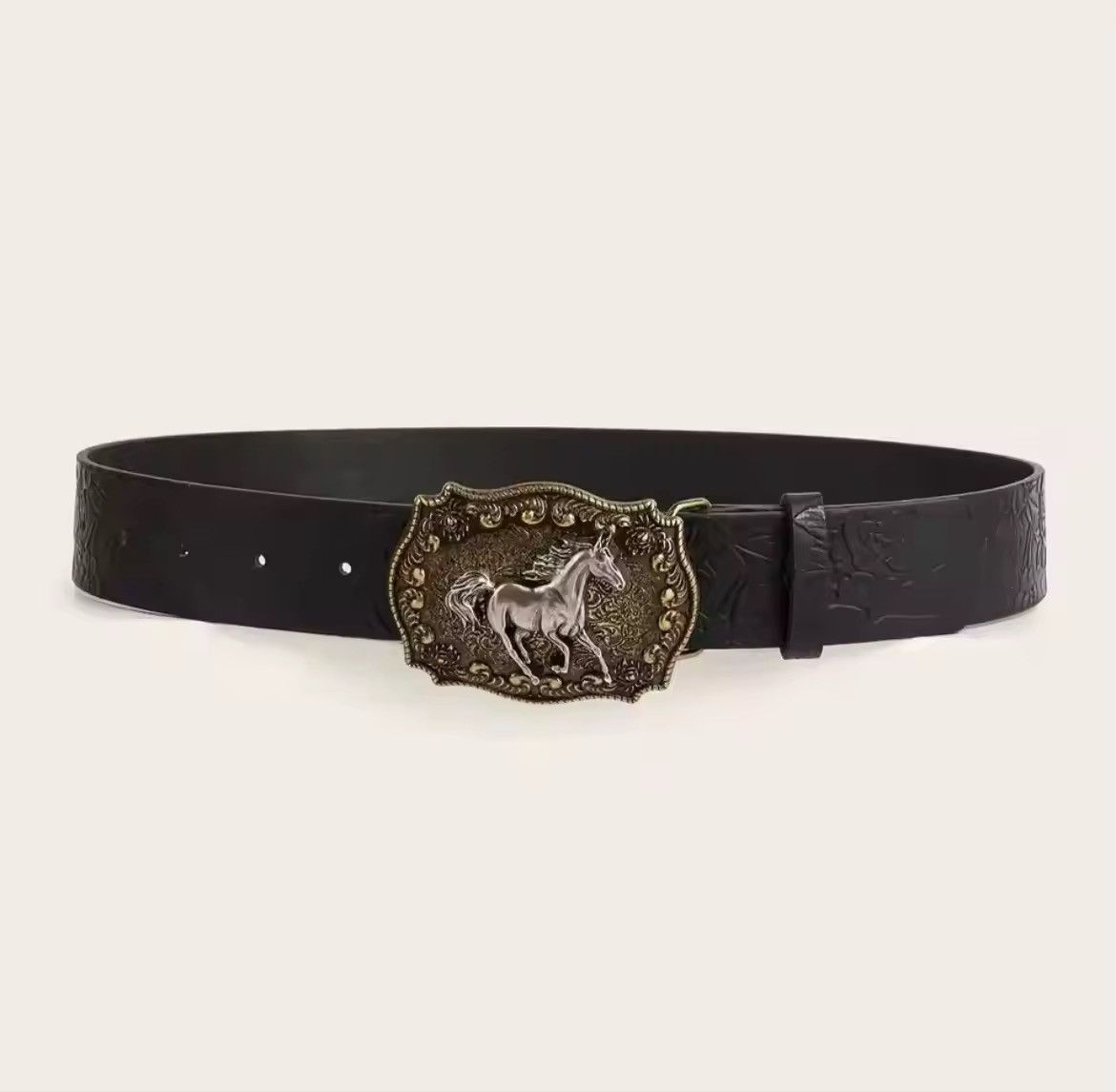 Designer Neutral horse head buckle peony pattern PU belt Size ONE SIZE - 2 Thumbnail