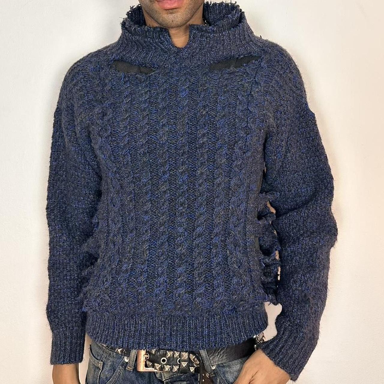 Vintage ASTROBOI* 'Slashed' Navy Cable Knit Wool Grunge Sweater - XL Size US XL / EU 56 / 4 - 1 Thumbnail