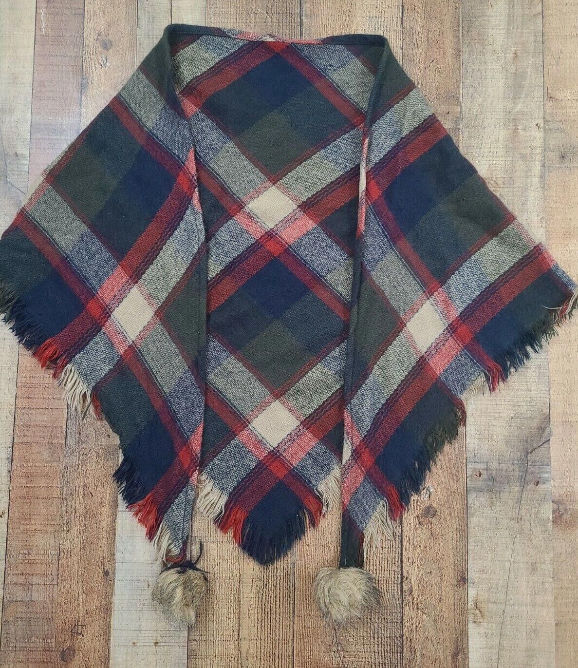 Designer Plaid Shawl Knit Acrylic Fuzzy Balls Fringe scarf wrap Size ONE SIZE - 1 Thumbnail