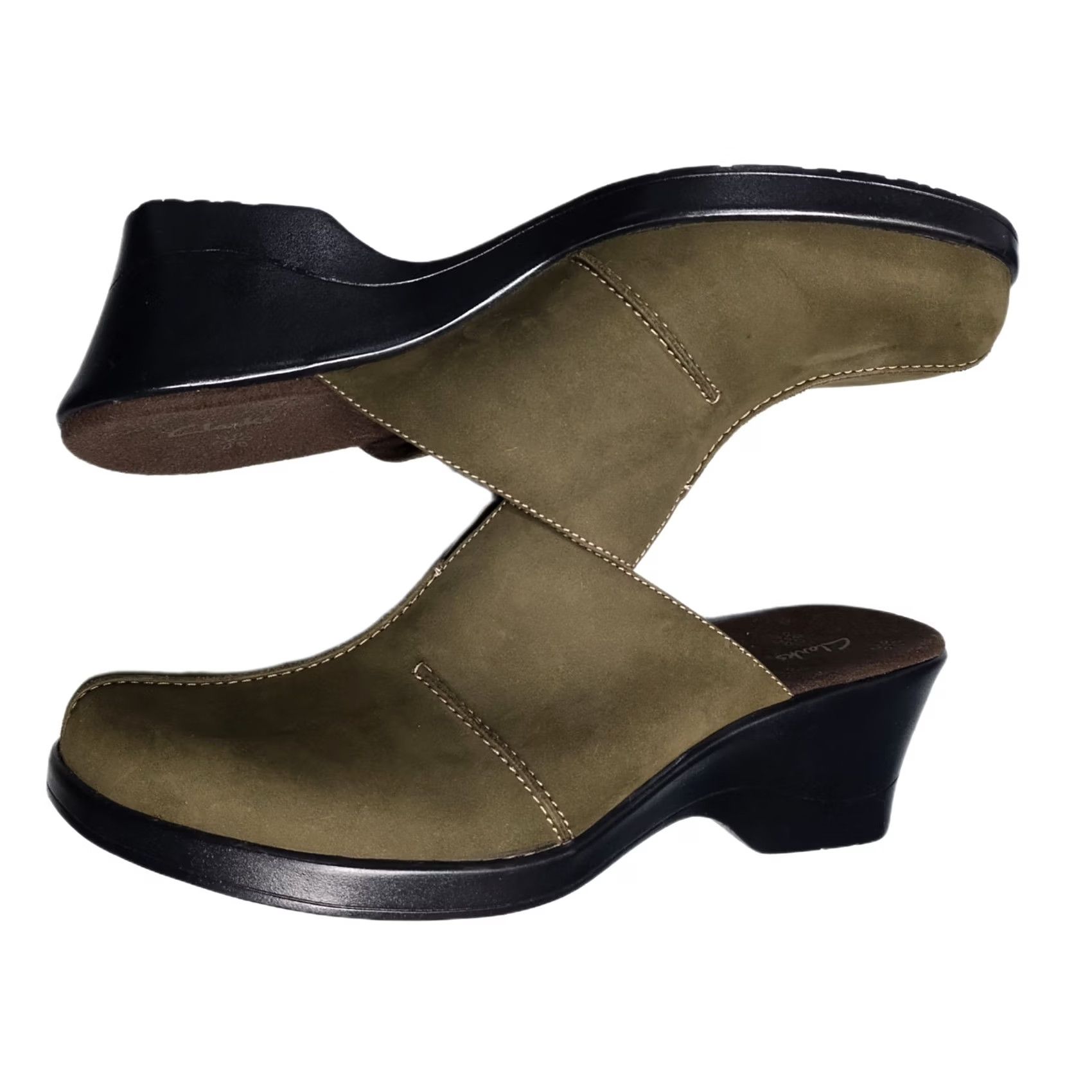 Clarks Clarks Wedge Mules Womens 9M Green Upper Leather Memory Foam Slip On 71104 Size US 9 / IT 39 - 2 Thumbnail
