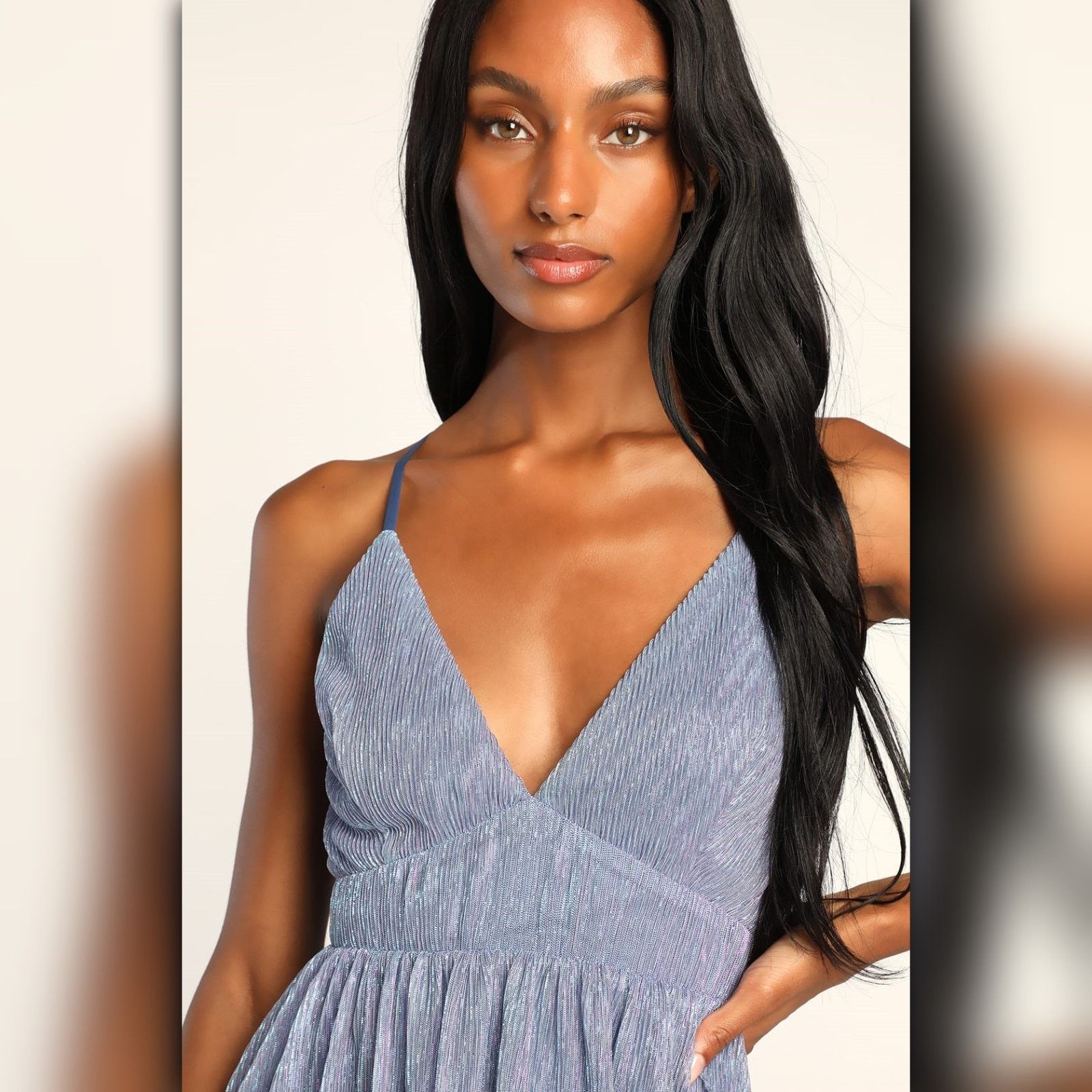 Other • A063 • (XS) Lulus Blue Metallic V-Neck Skater Dress Size XS / US 0-2 / IT 36-38 - 4 Thumbnail