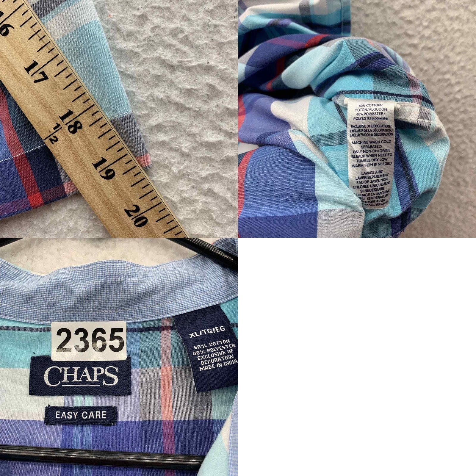 Chaps Keywords: "Chaps," "Shirt," "Easy Care," "Mens," "XL," "Blue," "White Plaid," "Casual," "Comfort," "Dad," "Preppy" - all highly relevant to the item Size US XL / EU 56 / 4 - 9 Thumbnail