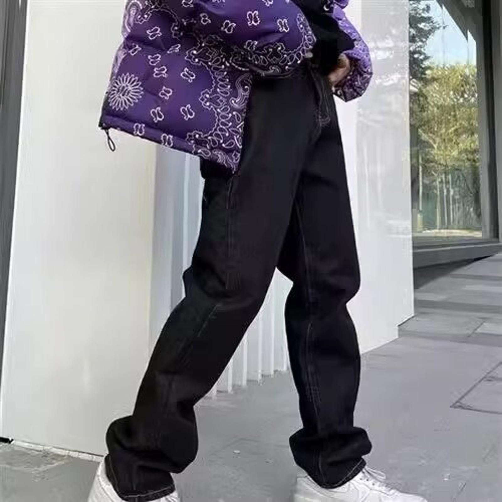Vintage Black Straight Leg Denim Jeans with Purple Bandana Detail Size US 32 / EU 48 - 3 Thumbnail