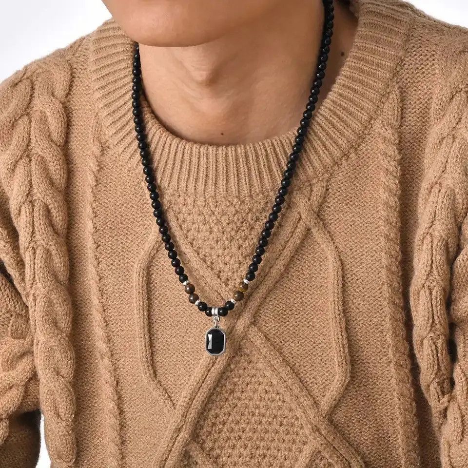 Jewelry × Vintage Mens Geometric Charm Necklaces, Black Beaded Tier Eye Stone Size ONE SIZE - 6 Thumbnail