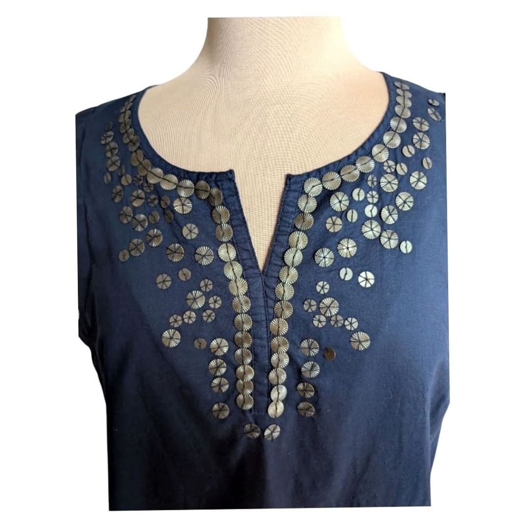 Vintage Navy Blue 100% Cotton Sleeveless Embellished Split Neck Top Quiet Luxury Sz L Size M / US 6-8 / IT 42-44 - 2 Thumbnail