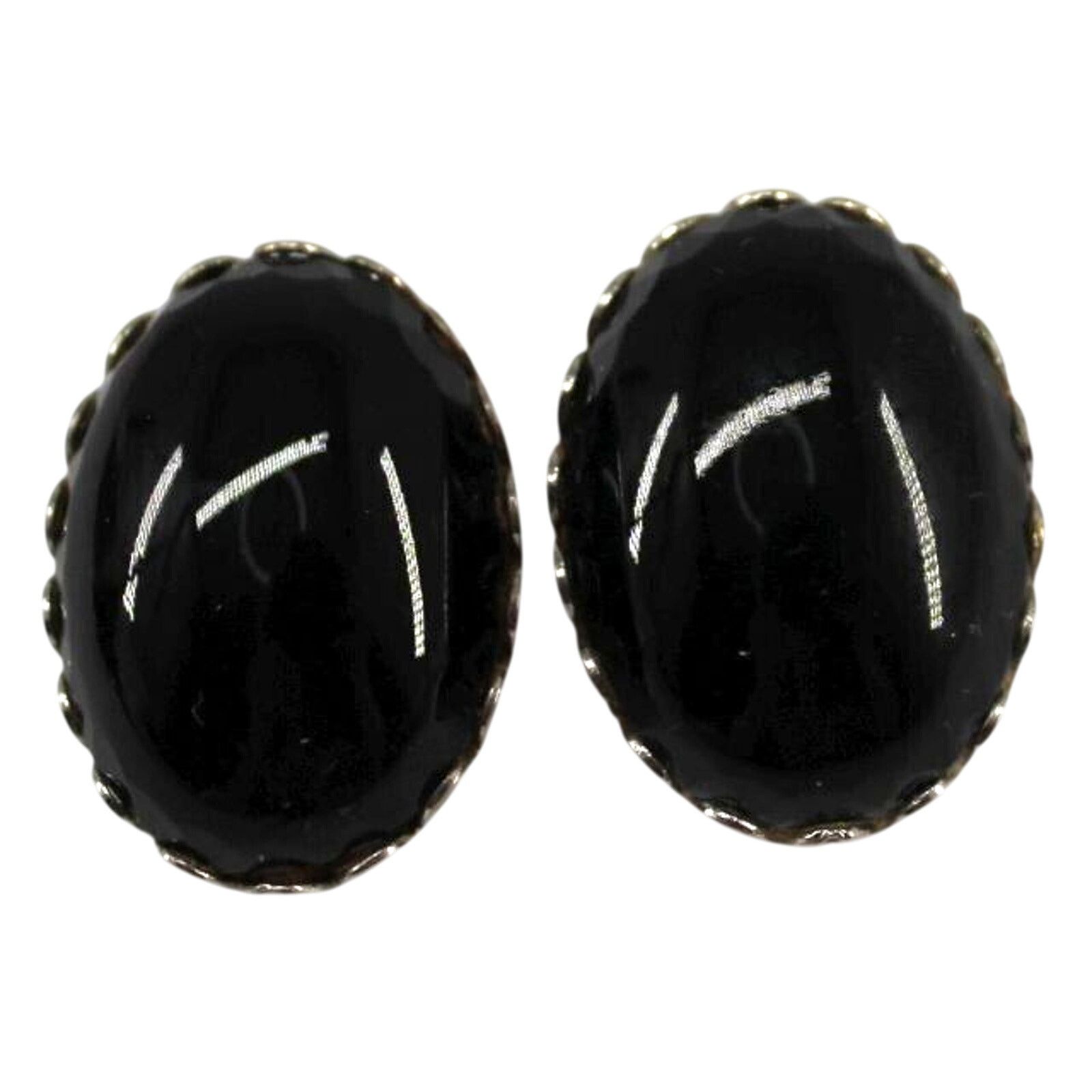 Other Vintage Faux Black Onyx Earrings • Silvertone • 1" • Clip On Size ONE SIZE - 1 Thumbnail