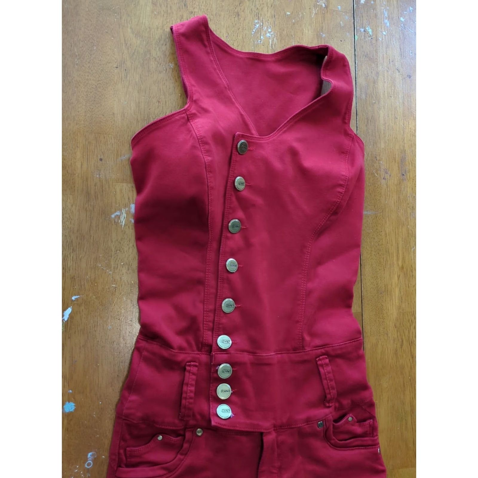Vintage CHNT Red Overalls Jeans Women 12 Slim Stretch Pockets Button Zip Inseam 26 Latin Club Sexy Size 34" / US 12 / IT 48 - 4 Thumbnail