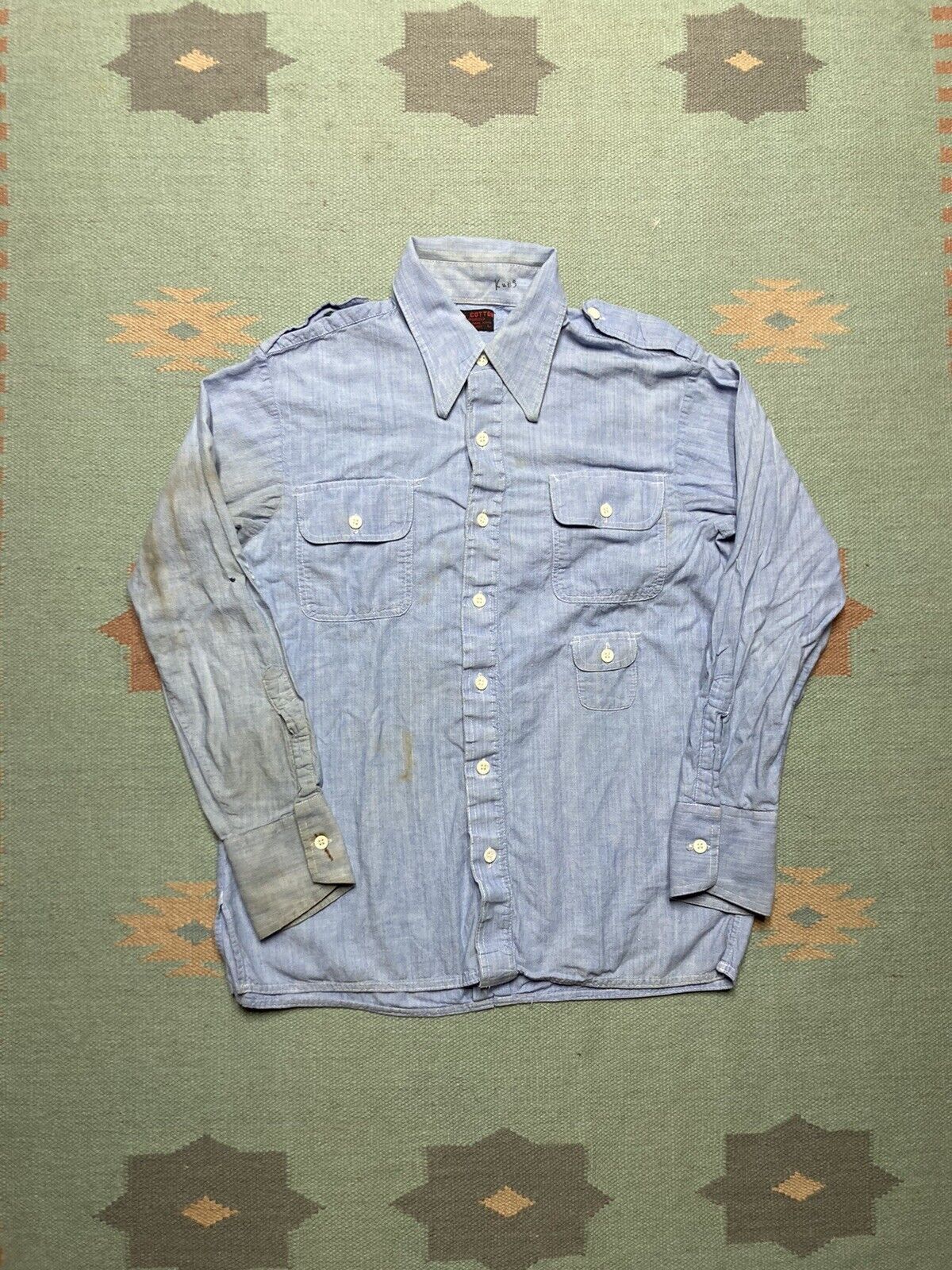 Vintage VTG 60s 70s chambray shirt sanforized cotton distressed L Size US L / EU 52-54 / 3 - 1 Thumbnail