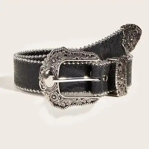 image of Pu Leather Belt With Metal Engraved Buckle in Black, Men's