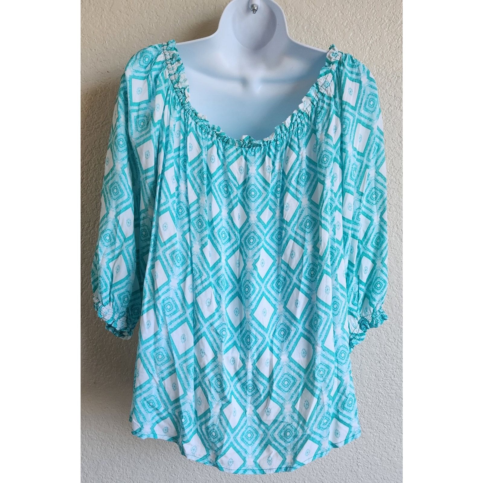 Other Grand & Greene Teal White Diamond Print Pleated Top XL Size XL / US 12-14 / IT 48-50 - 3 Thumbnail