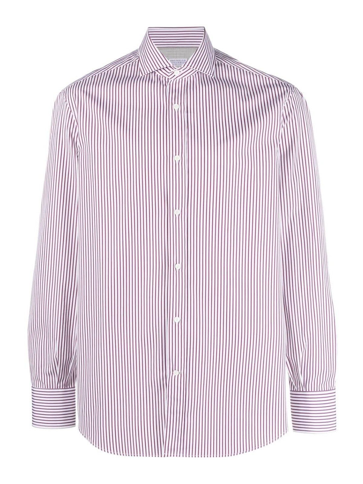 Brunello Cucinelli o1y0526 Striped Shirt in Plum/White Size US S / EU 44-46 / 1 - 1 Thumbnail