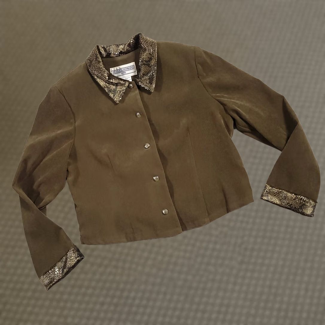 Vintage VINTAGE Jessica Howard Jacket Womens 10P Green Blazer Women Snake Skin Long Sleeve Open Back Size L / US 10 / IT 46 - 1 Thumbnail