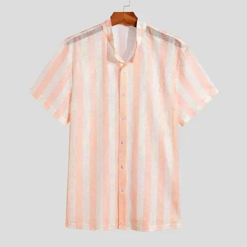 Other Striped Mesh See Through Summer Short Sleeve Button Camisas Size US M / EU 48-50 / 2 - 2 Thumbnail