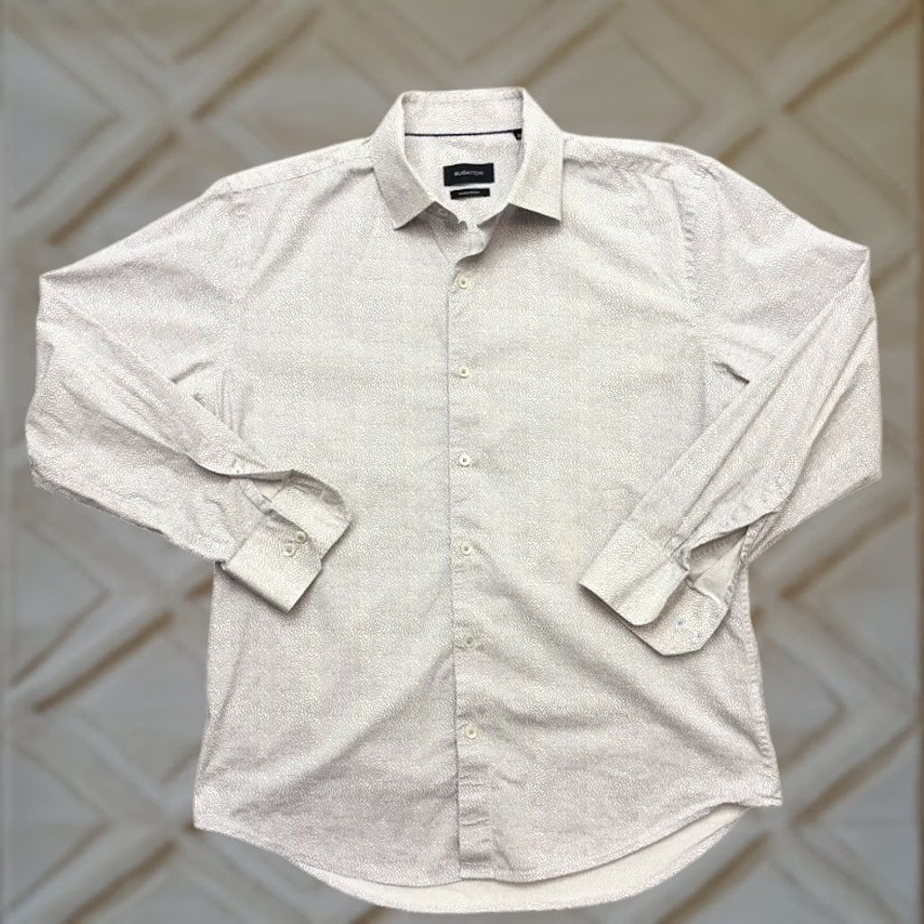 BUGATCHI BUGATCHI Shirt Mens 16.5 White Comfort Stretch Blue Dot Long Sleeve Button Size US XL / EU 56 / 4 - 1 Thumbnail