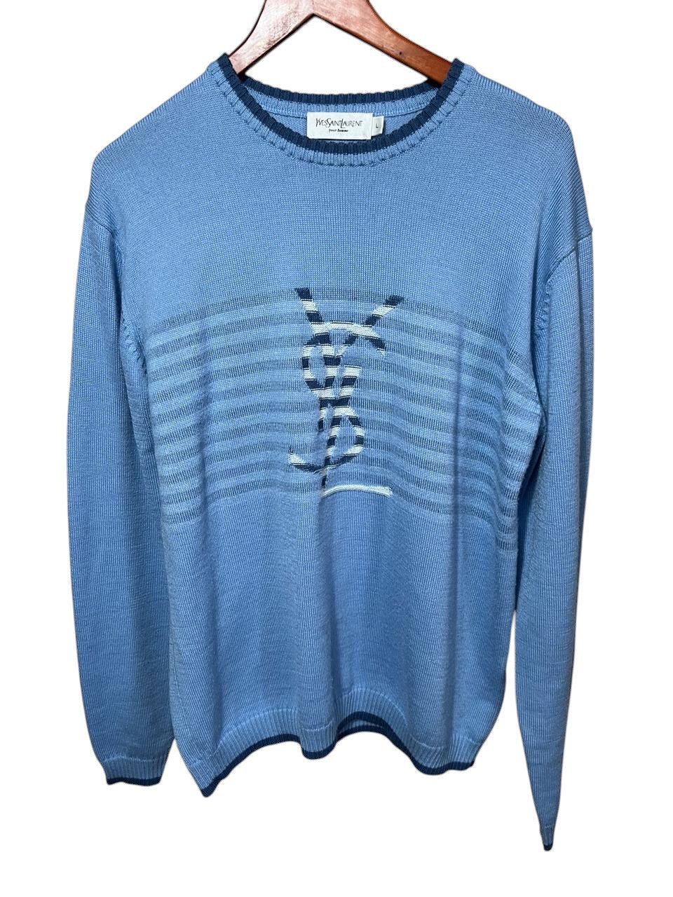 Yves Saint Laurent Yves Saint Laurent Pour Homme Big Logo Knit Sweater Blue Size US L / EU 52-54 / 3 - 1 Thumbnail