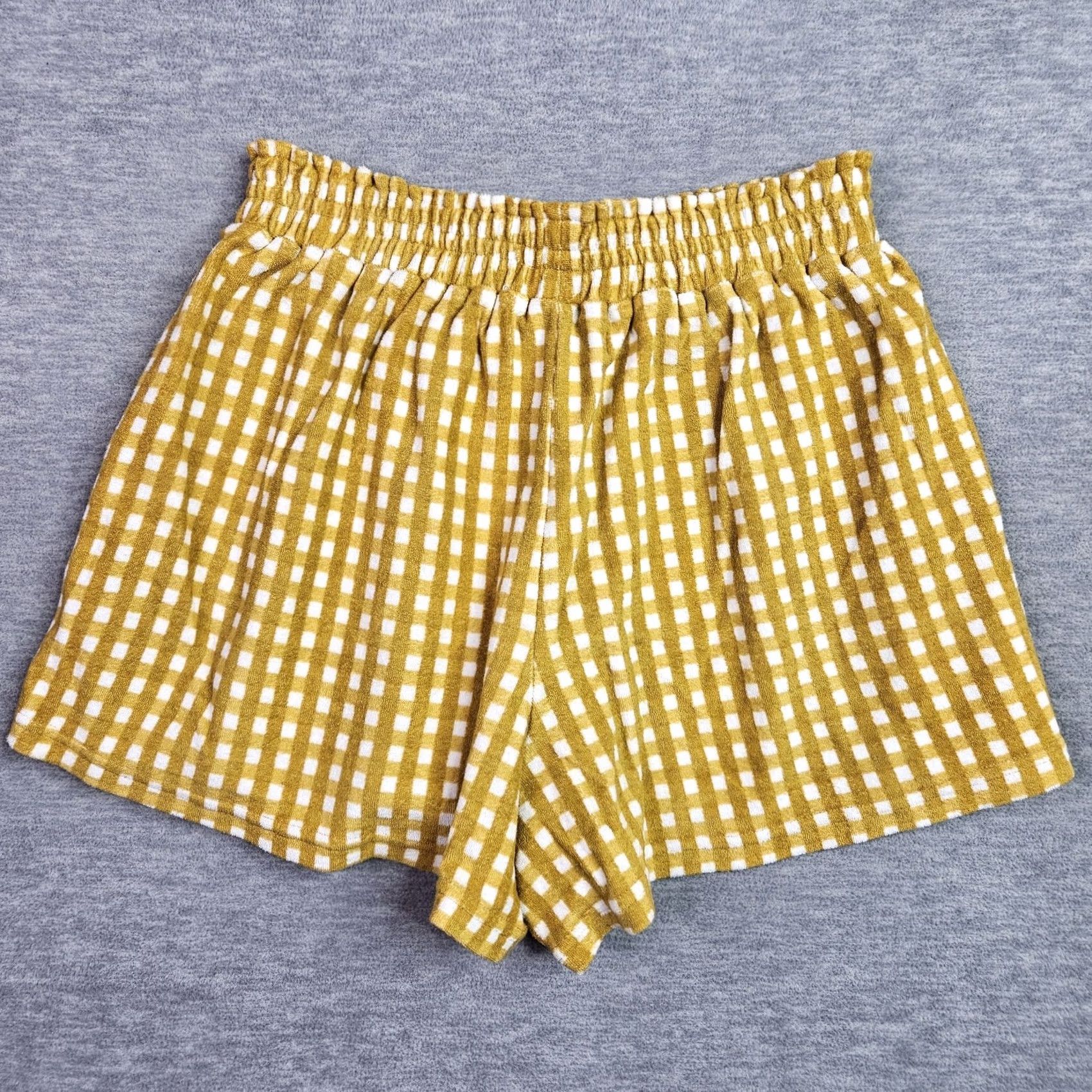 Vintage FAITHFULL THE BRAND Gingham Yellow White Terry Shorts Women's Elastic Waist Sz S Size 28" / US 6 / IT 42 - 2 Thumbnail