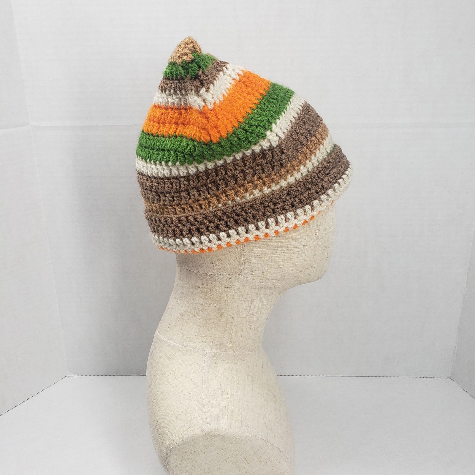 Handmade Cat Ear Beanie Crochet Hat Brown Green Stripe Handmade Knit Size ONE SIZE - 7 Thumbnail