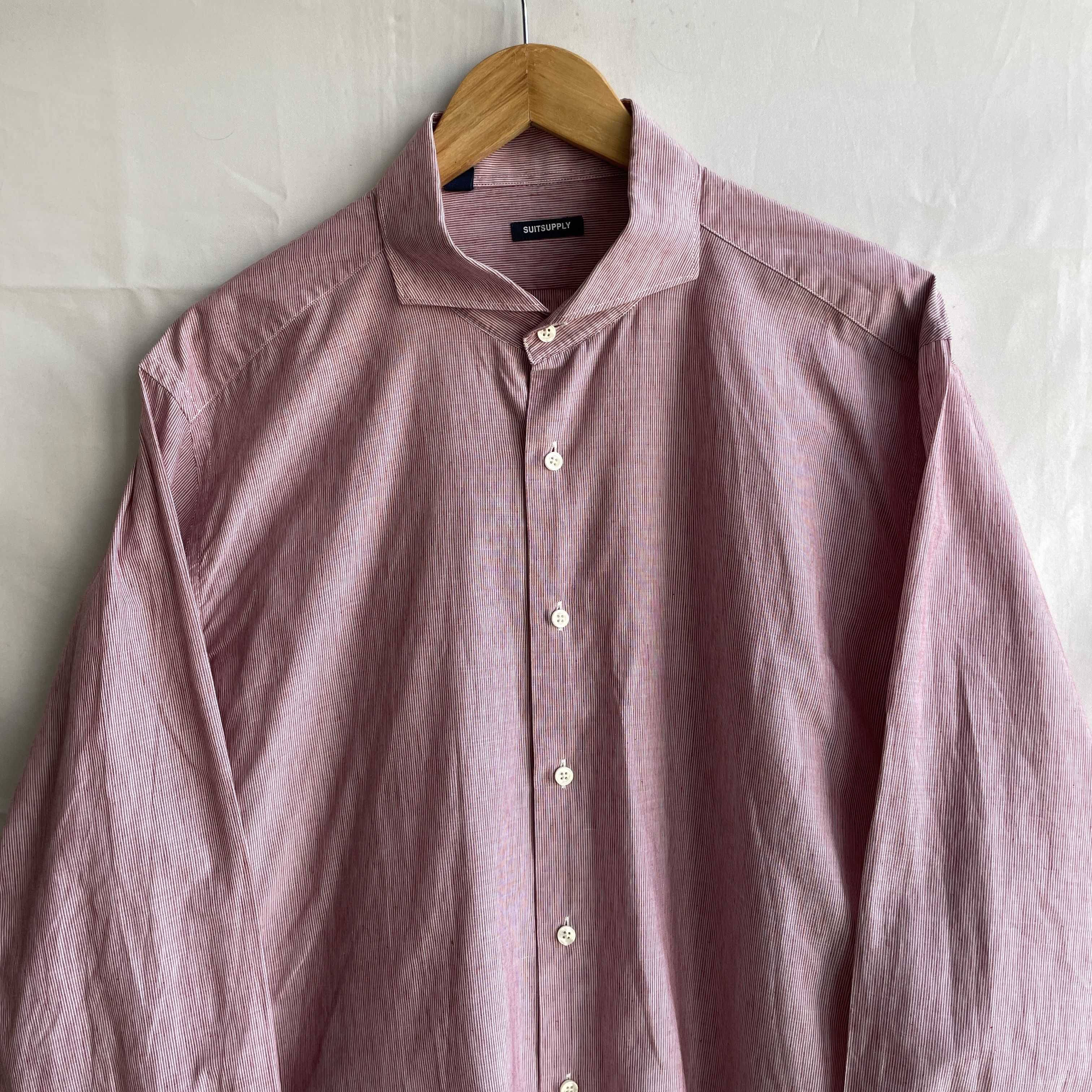 Suitsupply Suitsupply Pinstripe Pink Slim Fit Spread Collar Dress Shirt Size 44R - 3 Thumbnail