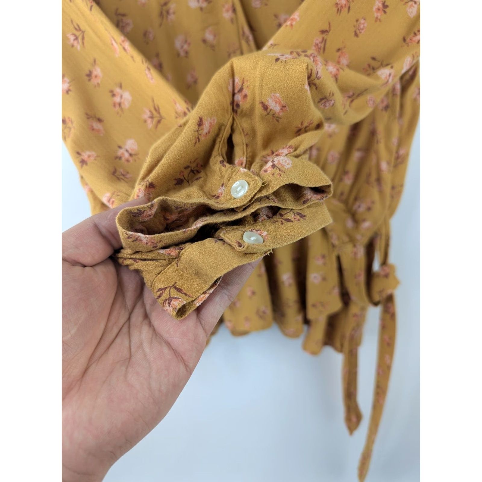 Lucky Brand Lucky Brand Mustard Yellow Floral Wrap Tie Ruffle V-Neck Long Sleeve Blouse M Womens Blouse Bohemian Pink Size M / US 6-8 / IT 42-44 - 2 Thumbnail