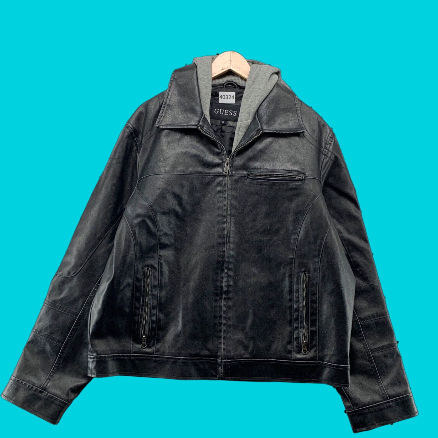 VINTAGE Guess Faux Leather Motorcycle Jacket Hooded Men XL Black