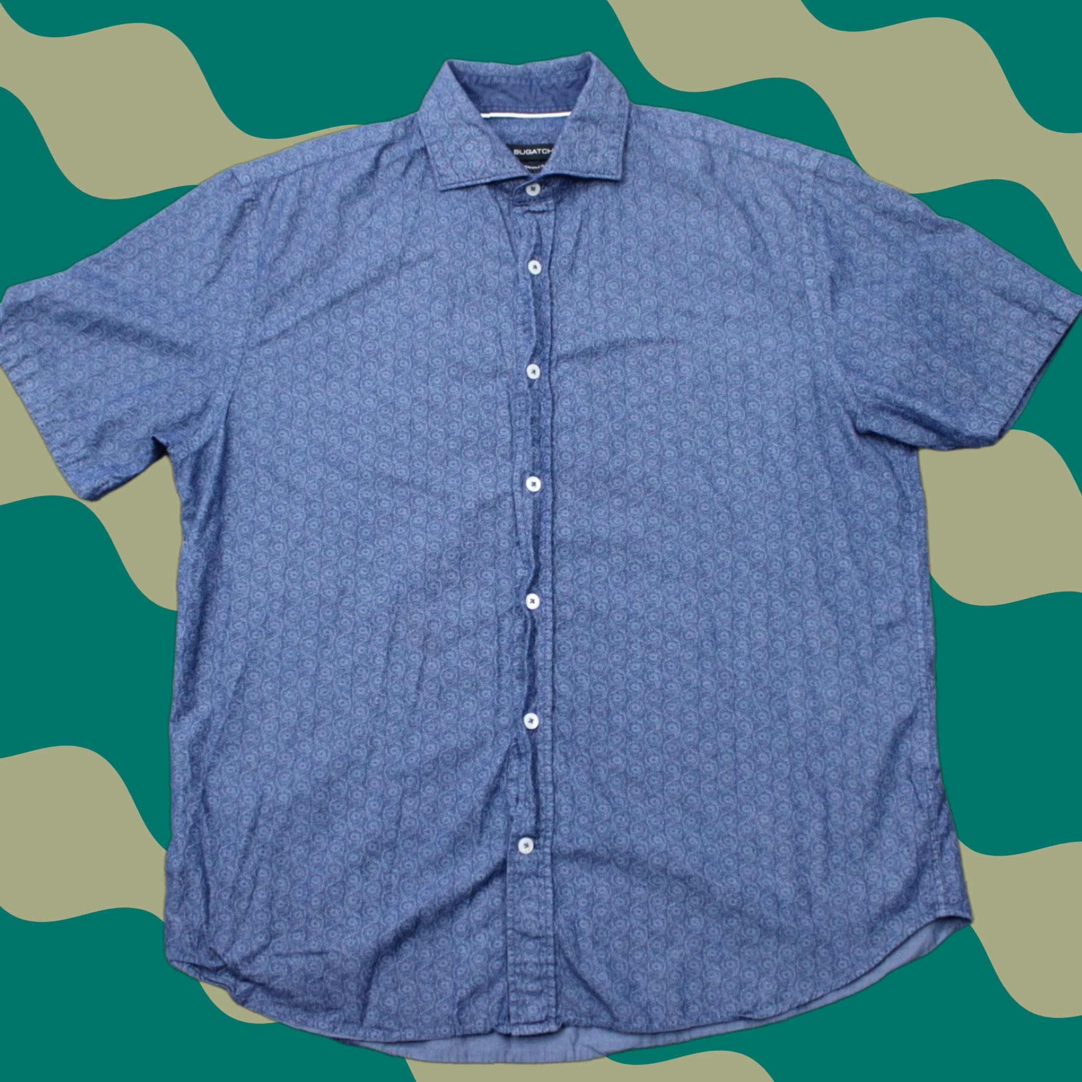 BUGATCHI Bugatchi Shirt Mens Large Blue Short Sleeve Button-Up Cotton Linen Shaped Fit Casual Business Size US L / EU 52-54 / 3 - 1 Thumbnail