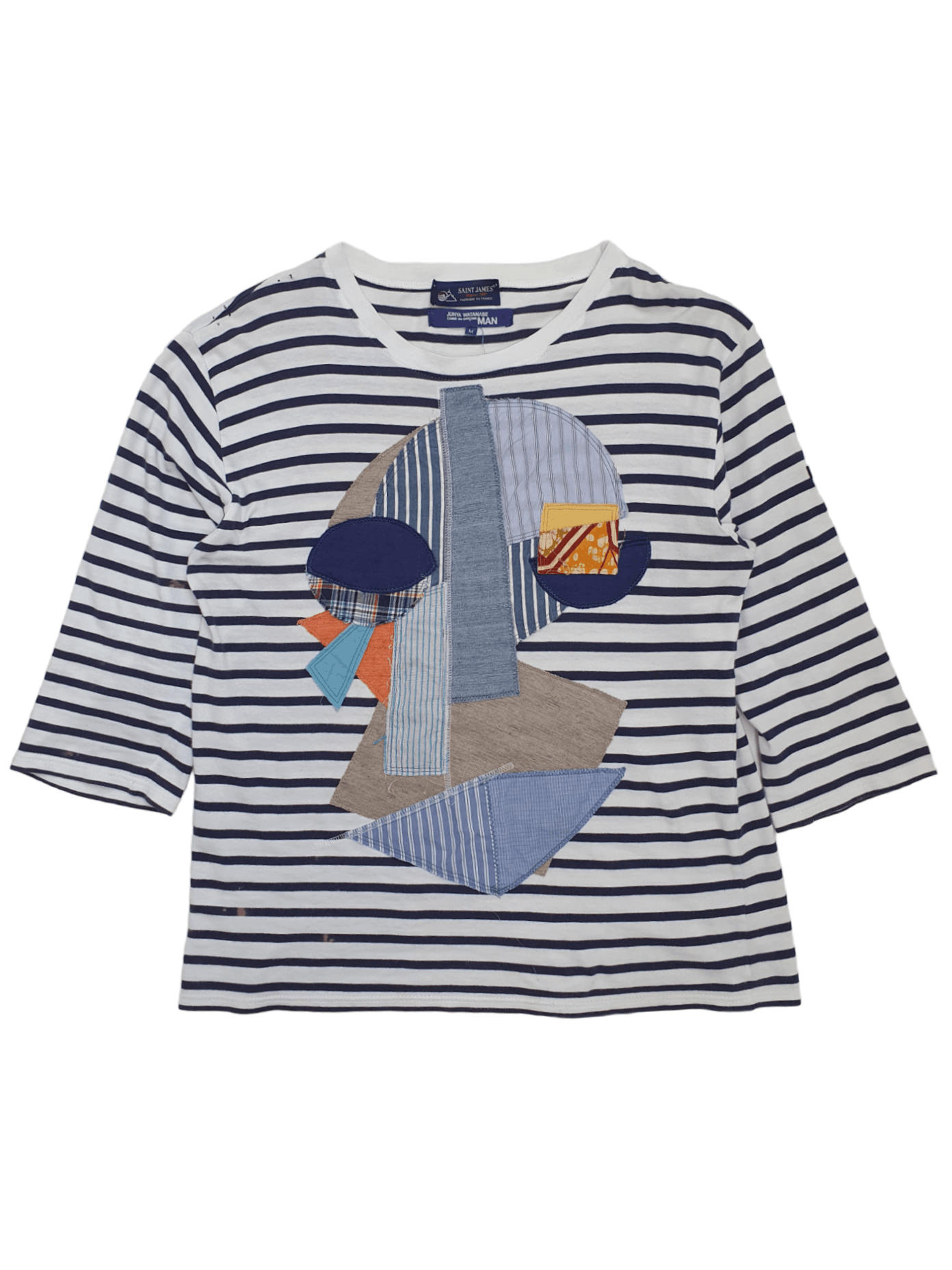image of Comme Des Garcons x Junya Watanabe Face Patchwork Striped T-Shirt in Blue Stripe (Size Medium)