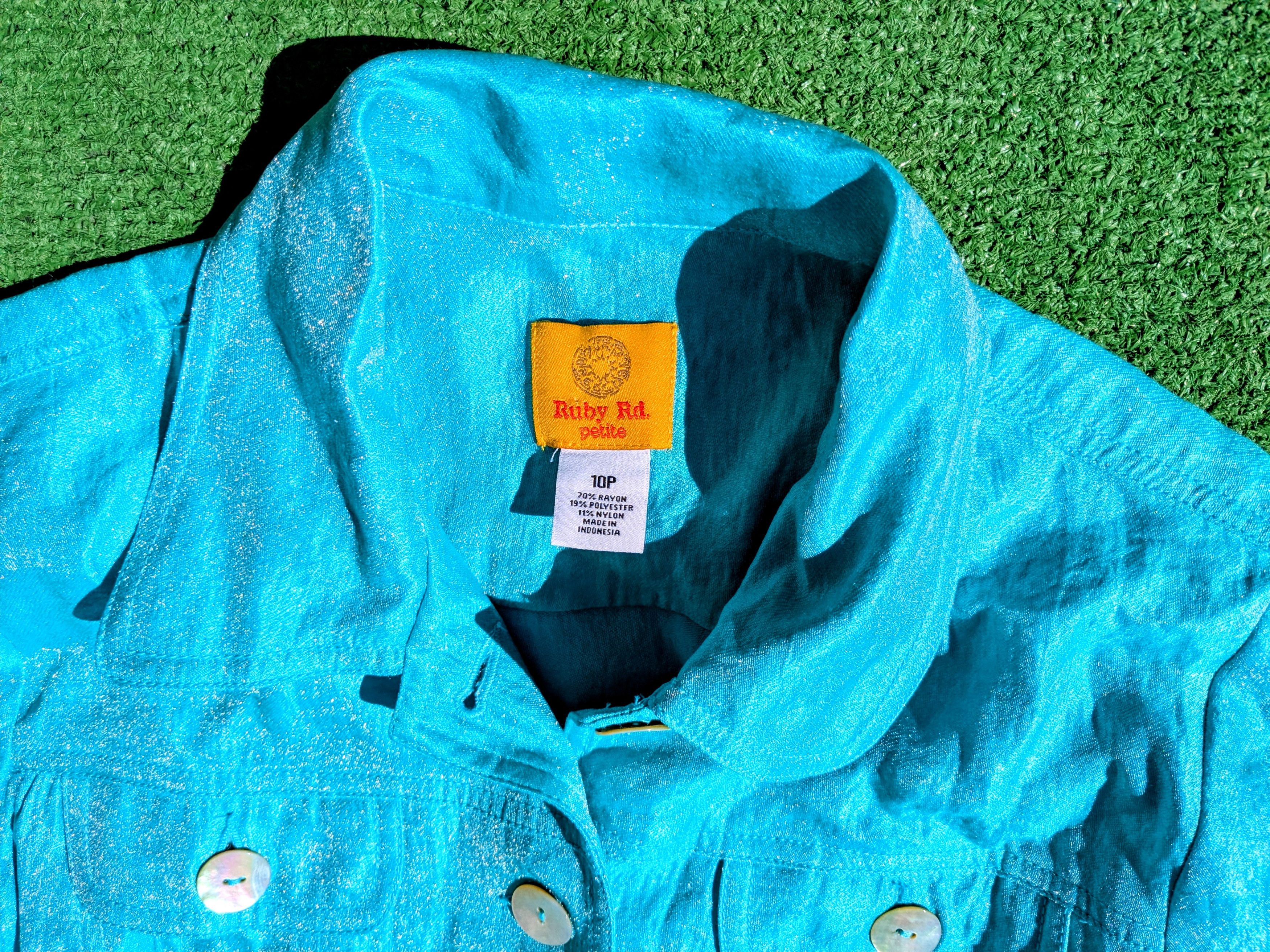 Other Ruby Rd. Petite Shiny Aqua Blue 3/4-Sleeve Top Blouse Top Size L / US 10 / IT 46 - 6 Thumbnail