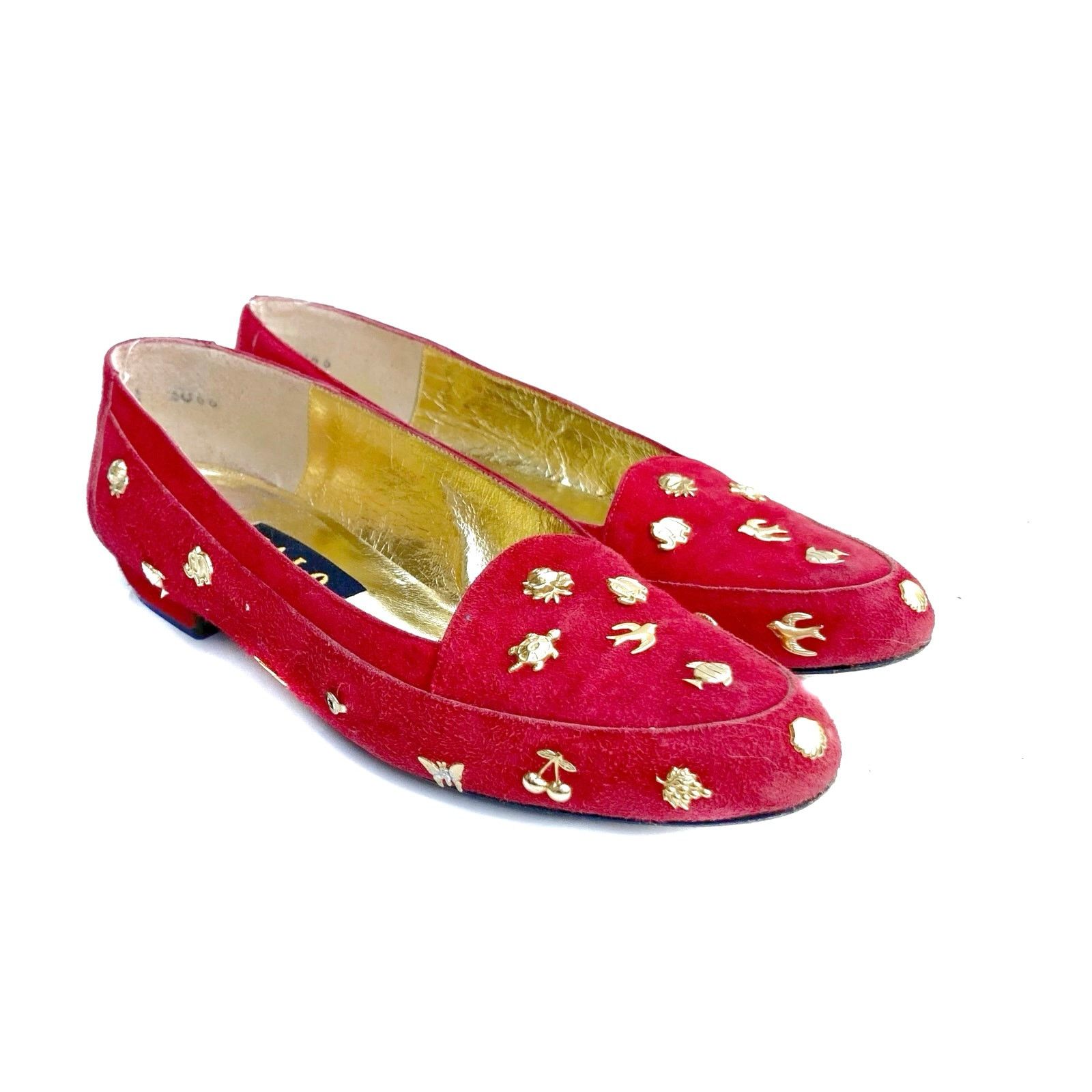 Vintage Vintage Zalo Red Suede Gold Charm Loafers | Handmade Spain Size US 7 / IT 37 - 2 Thumbnail