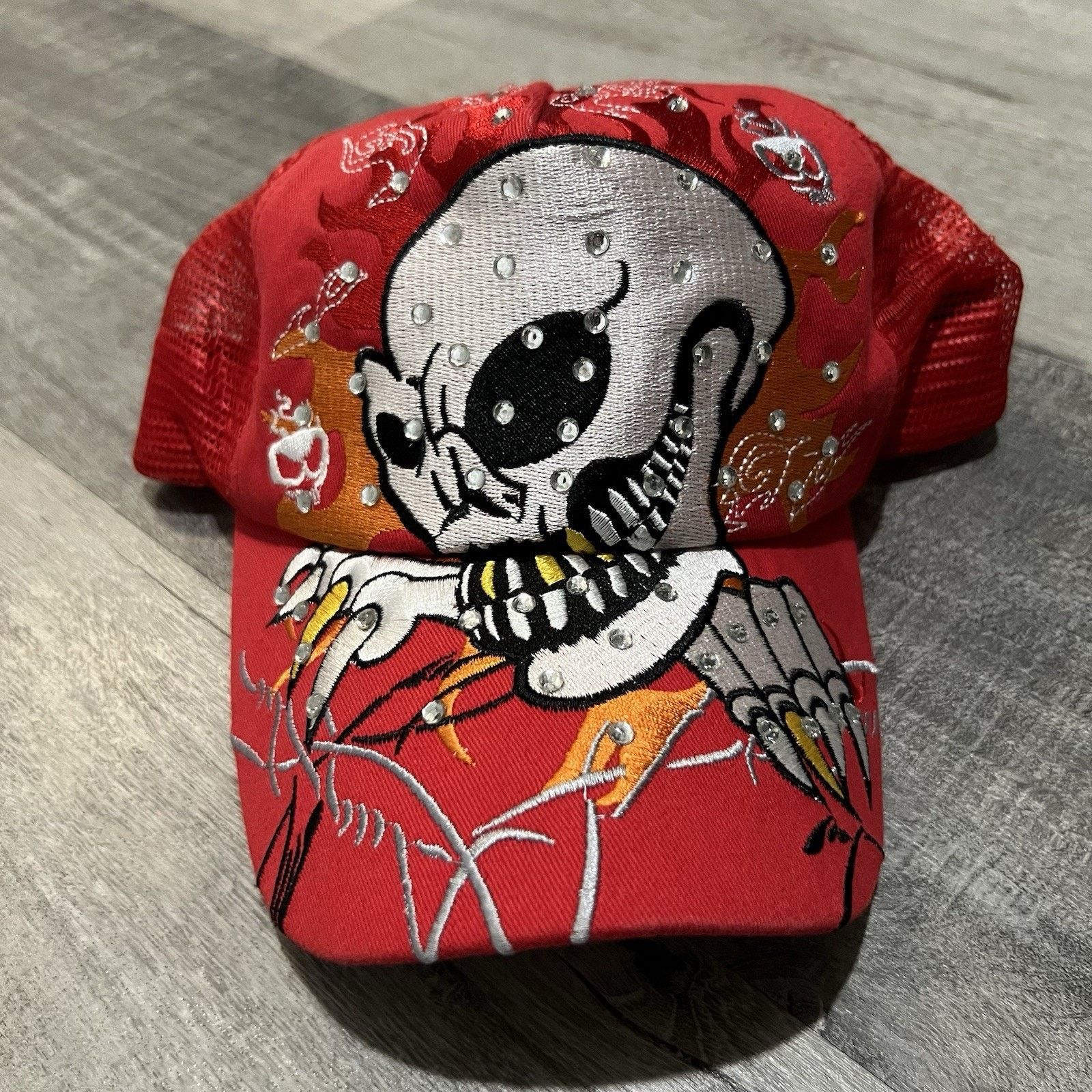 VINTAGE!!Ed Hardy Red Embroidered Skull & Wing Trucker Cap with Rhinestones Deadstock* Vintage Ed Hardy Embroidered Hat – Retrospective  main image 3