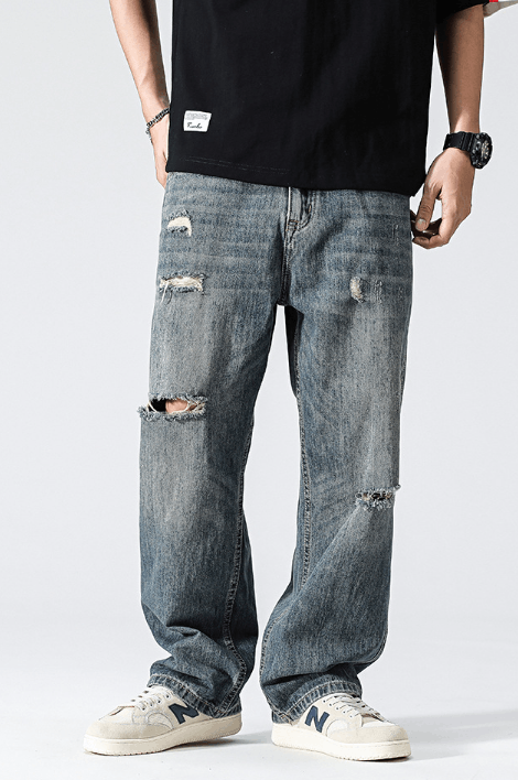 Japanese Brand Vintage blue distressed loose straight casual ripped jeans Size US 32 / EU 48 - 3 Thumbnail