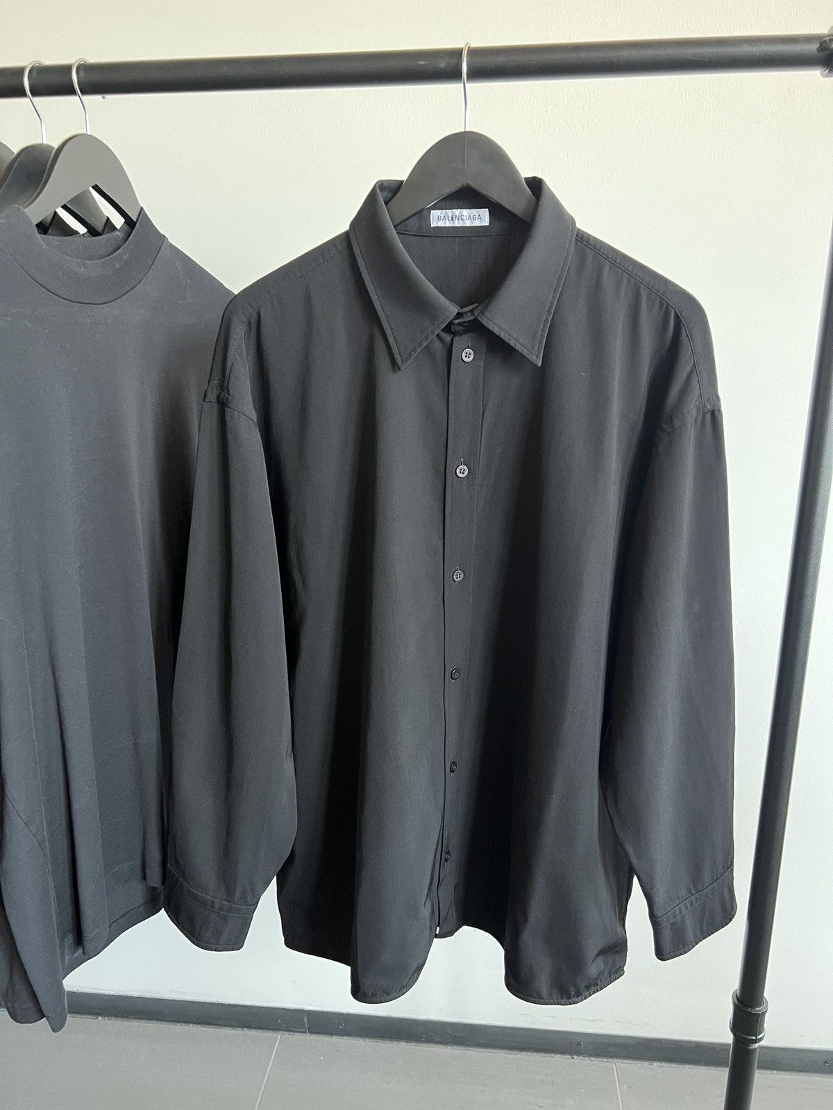 image of Balenciaga Boxy Runway Monogram Button Up Wool Shirt in Black, Men's (Size XL)