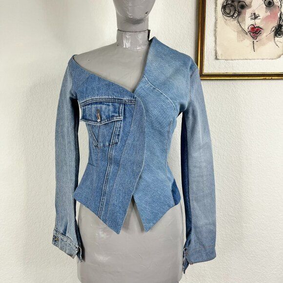 A.W.A.K.E. MODE A.W.A.K.E. MODE Upcycled Denim Off Shoulder Top Jean Jacket Size XS / US 0-2 / IT 36-38 - 2 Thumbnail