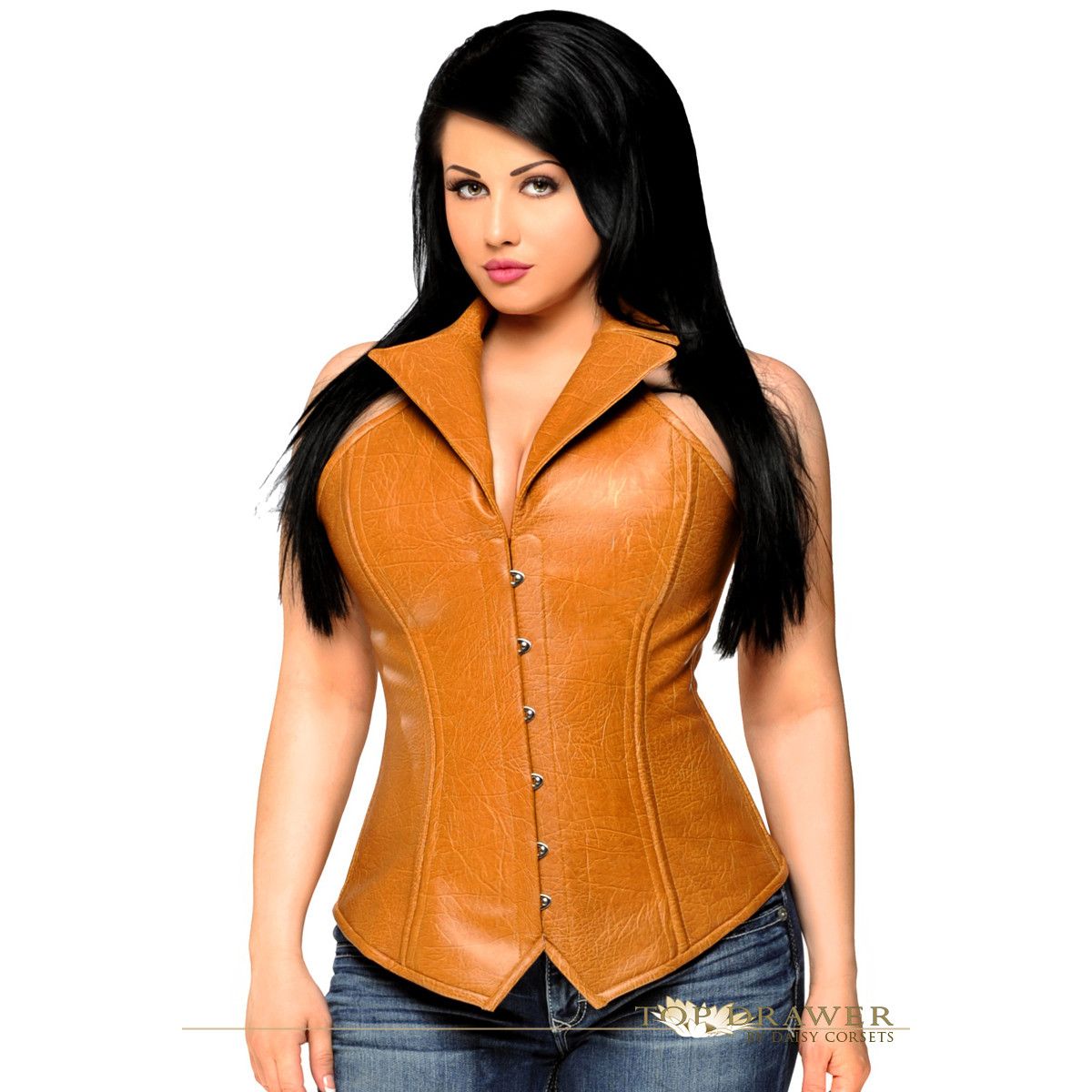 Other Top Drawer Steel Boned Faux Leather Collared Corset Top Zipp Size ONE SIZE - 1 Thumbnail