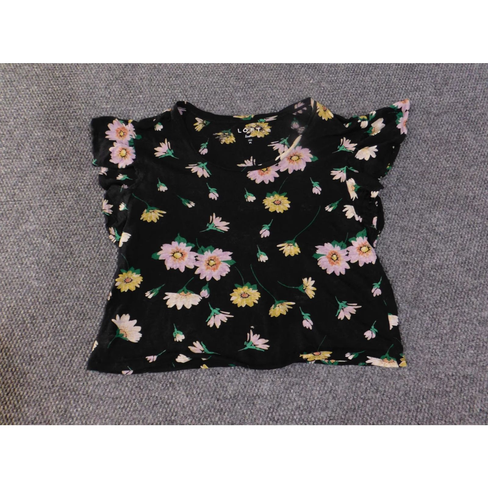 Loft LOFT Shirt Womens Medium Black Pink Yellow Floral Linen Ruffle Sleeve Blouse Size M / US 6-8 / IT 42-44 - 2 Thumbnail