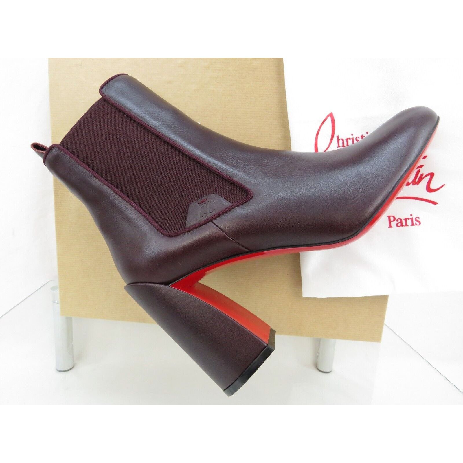 Christian Louboutin LOUBOUTIN TURELASTIC BURGUNDY LEATHER HEEL ANKLE BOOTS 40 Size US 10 / IT 40 - 2 Thumbnail