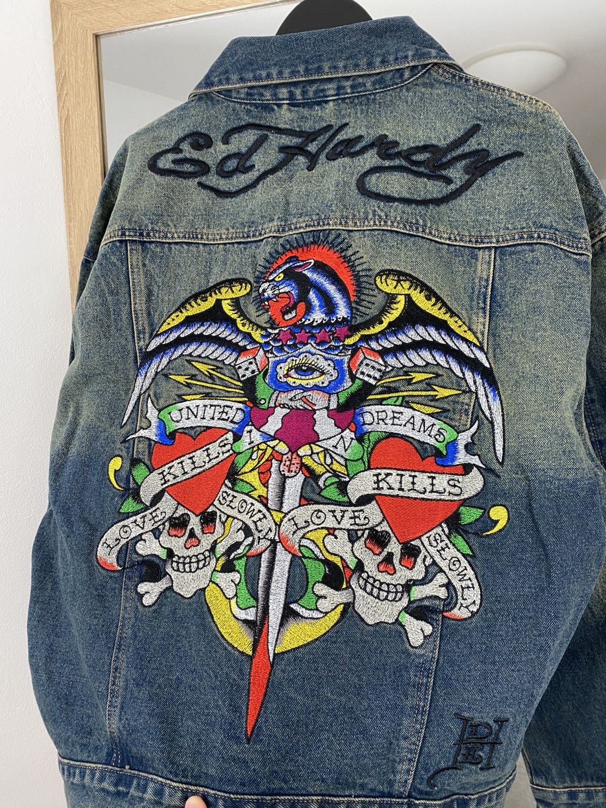 Oversized washed blue denim jacket big logo by Ed Hardy