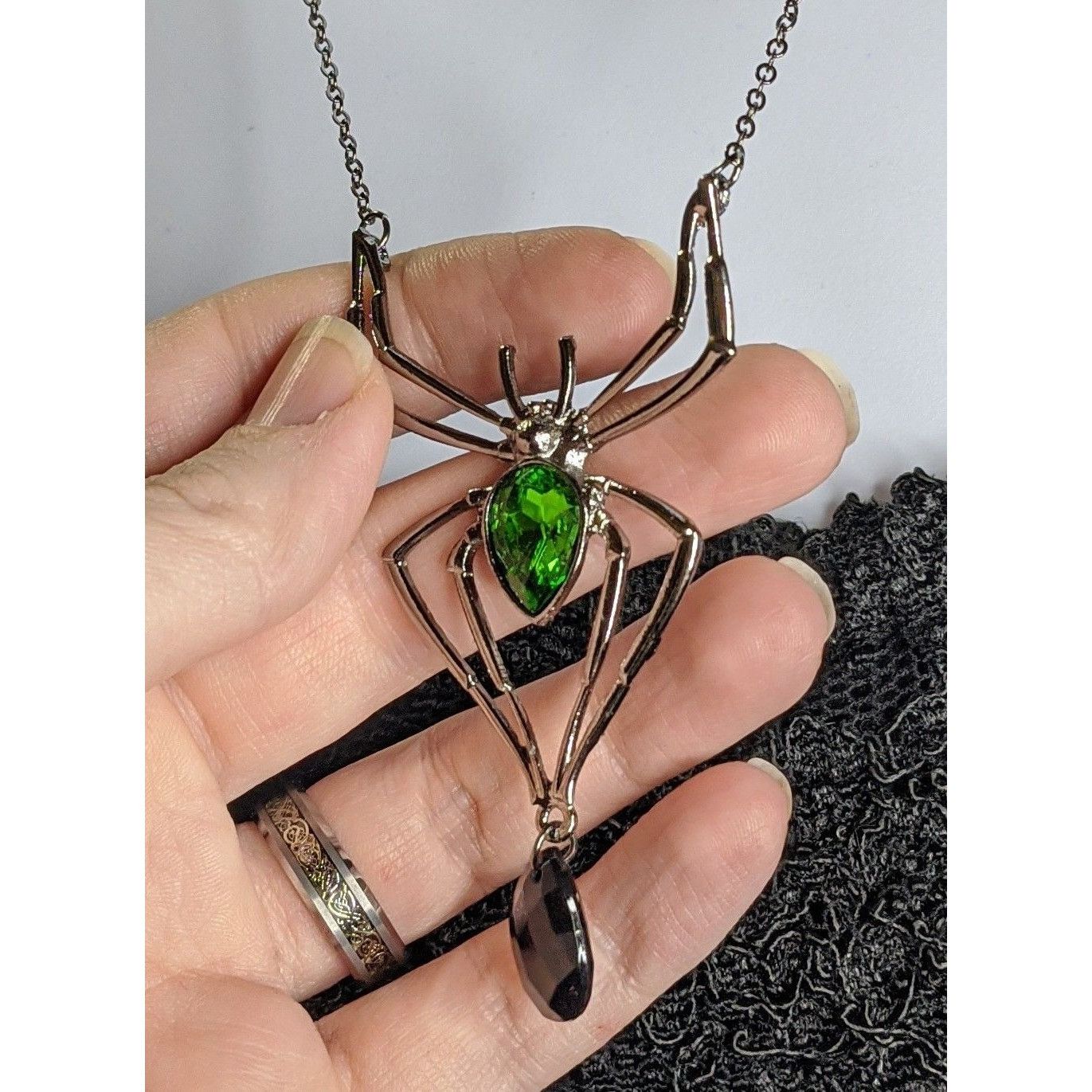 Other Gothic Spider Pendant Necklace With Green Gemstone & Black T Size ONE SIZE - 6 Thumbnail